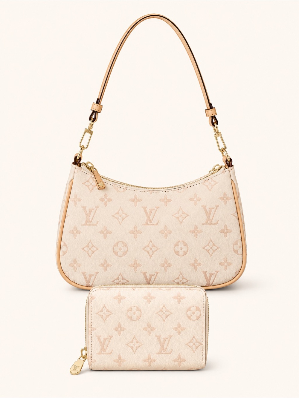 Beige Monogram Shoulder Bag with Wallet Set